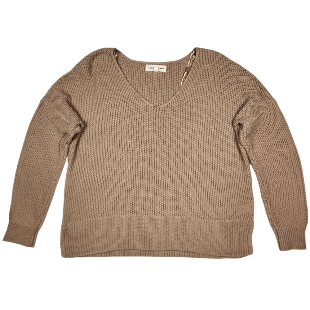 Lucky Brand V Neck Shaker Knit Sweater S Brown Taupe Drop Shoulder Capsule